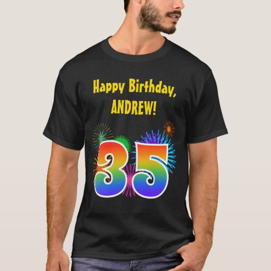 Fun Fireworks + regenboogpatroon "35" Birthday # T-shirt (Voorkant)