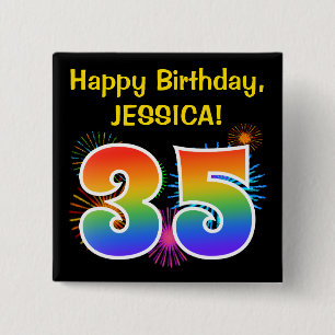 Fun Fireworks + regenboogpatroon "35" Birthday # Vierkante Button 5,1 Cm