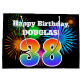 Fun Fireworks + regenboogpatroon "38" Birthday # Groot Cadeauzakje (Achterkant)