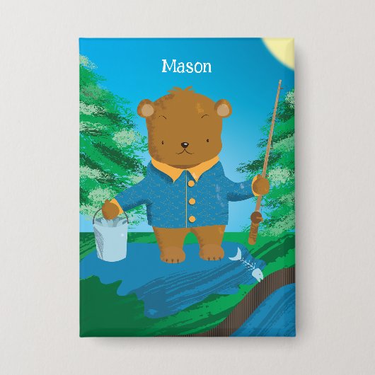 Fun Fishing Brown Bear Kid Pin Button (Voorkant)