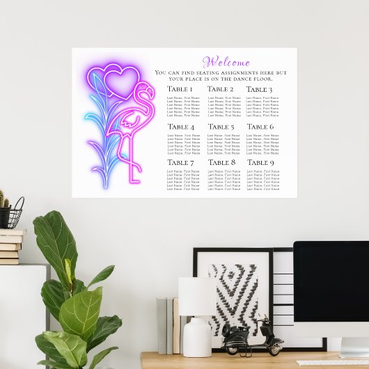 Fun Flamingo & Hearts Seating Chart 36"x24" Poster (Thuiskantoor)