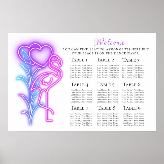 Fun Flamingo & Hearts Seating Chart 36"x24" Poster (Voorkant)
