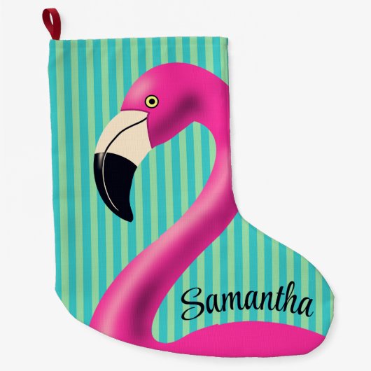Fun Flamingo Hot Pink Aqua Stripes Modern Tropical Grote Kerstsok (Voorkant)