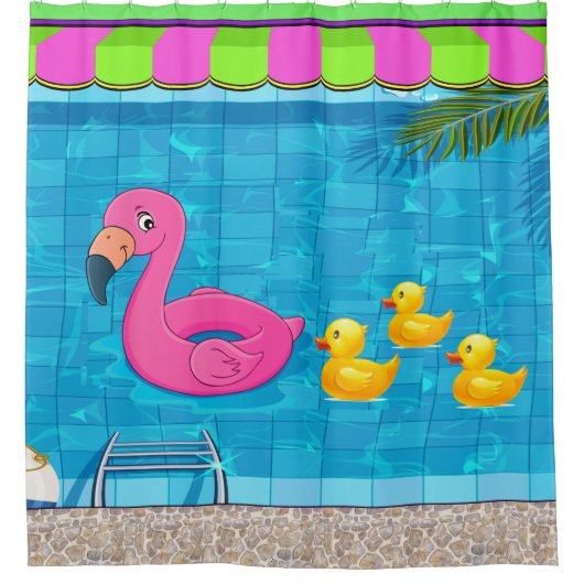 Fun Flamingo in Zwembad Douchegordijn (Voorkant)