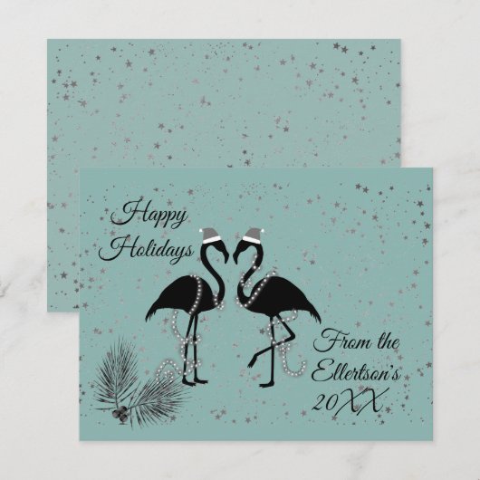 Fun Flamingos Kerstmis Gepersonaliseerde Glitter Aankondiging (Voorkant / Achterkant)