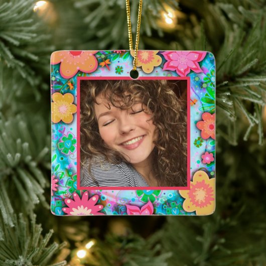 Fun Floral Custom Foto Naam Datum Keramisch Ornament (Boom)