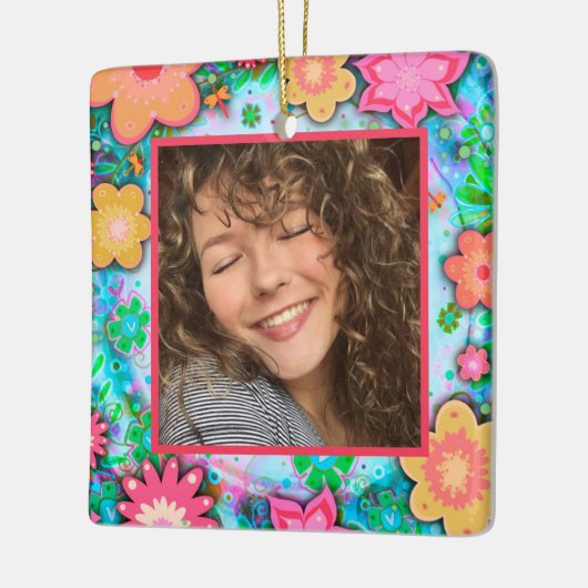 Fun Floral Custom Foto Naam Datum Keramisch Ornament (Links)