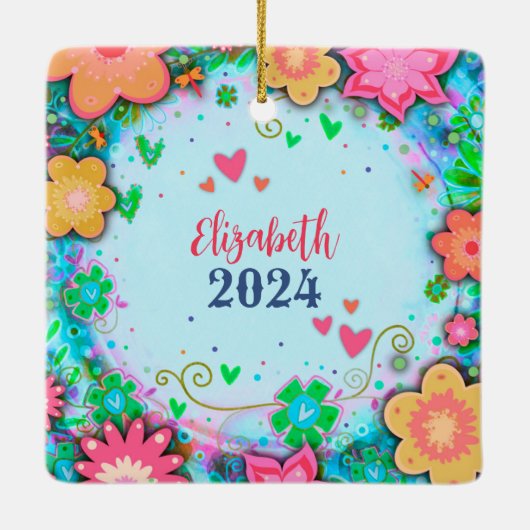 Fun Floral Custom Foto Naam Datum Keramisch Ornament (Achterkant)