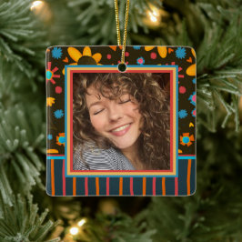 Fun Floral Daisy Custom Foto Naam Datum Keramisch Ornament
