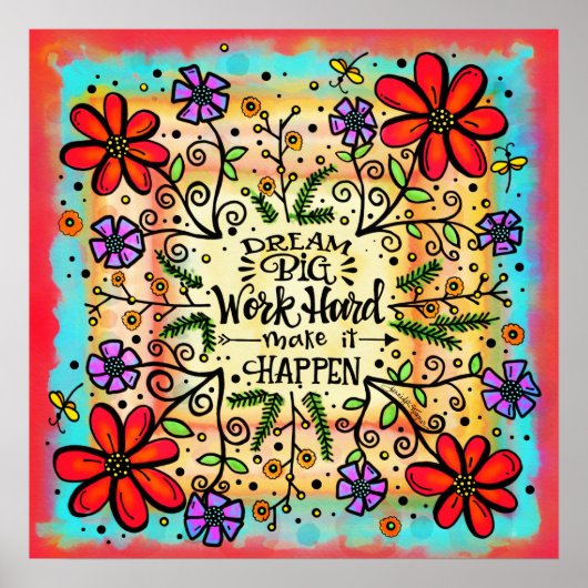 Fun Floral "Werk hard" Inspirerend klaslokaal Poster (Voorkant)