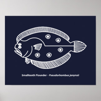 Fun Flounder Fish in White op Deepest Blue Poster