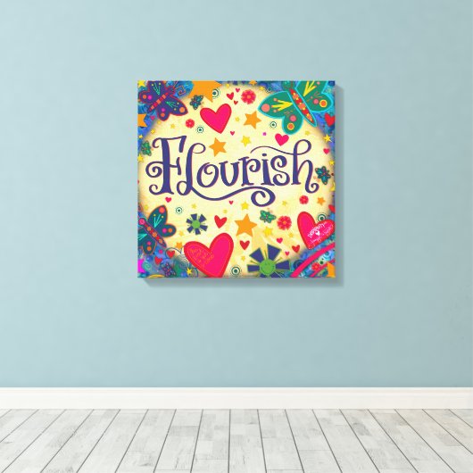 Fun Flourish Inspirerend Hart Bloemen Canvas Afdruk (Insitu (Houten vloer))