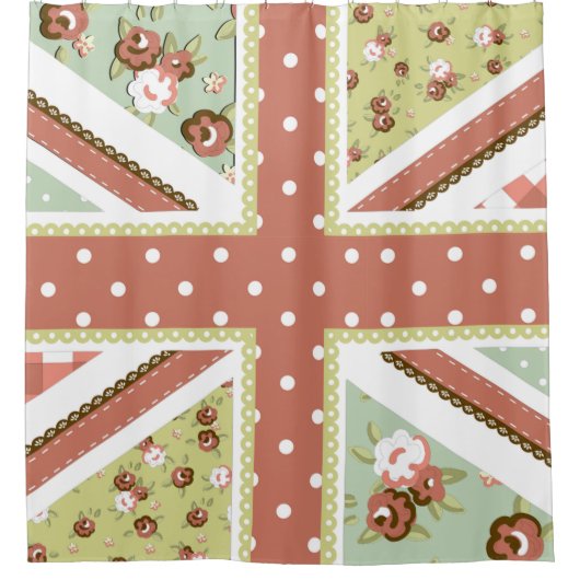 Fun Folk Quilt British Union Jack Flowers bruin Douchegordijn (Voorkant)