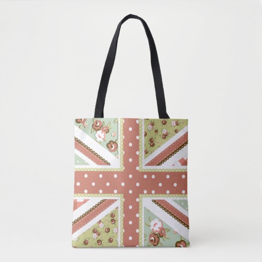 Fun Folk Quilt British Union Jack Flowers bruin Tote Bag (Voorkant)