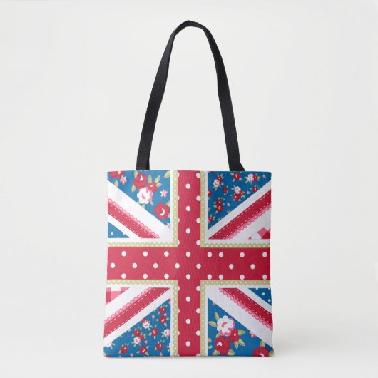 Fun Folk Quilt British Union Jack Flowers Tote Bag (Voorkant)