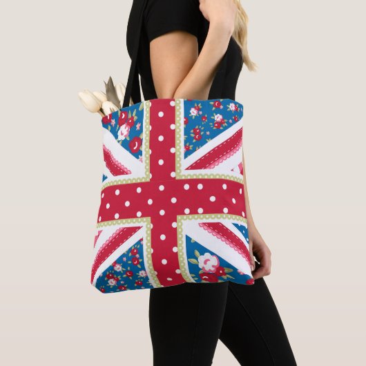 Fun Folk Quilt British Union Jack Flowers Tote Bag (Dichtbij)