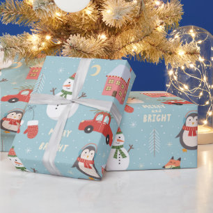 Fun Fox Snowman Penguin and Car Kerstmis Cadeaupapier