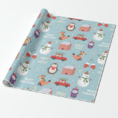 Fun Fox Snowman Penguin and Car Kerstmis Cadeaupapier (Uitgerold)