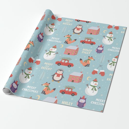 Fun Fox Snowman Penguin and Car Kerstmis Cadeaupapier (Uitgerold)