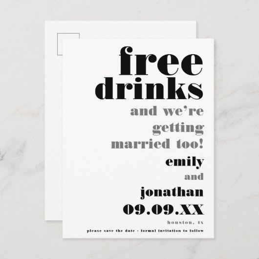 Fun Free Drinken Zwart Wit Trouwen Save The Date Aankondigingskaart (Voorkant / Achterkant)