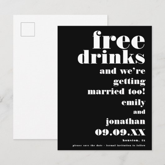 Fun Free Drinken Zwart Wit Trouwen Save The Date Aankondigingskaart (Voorkant / Achterkant)