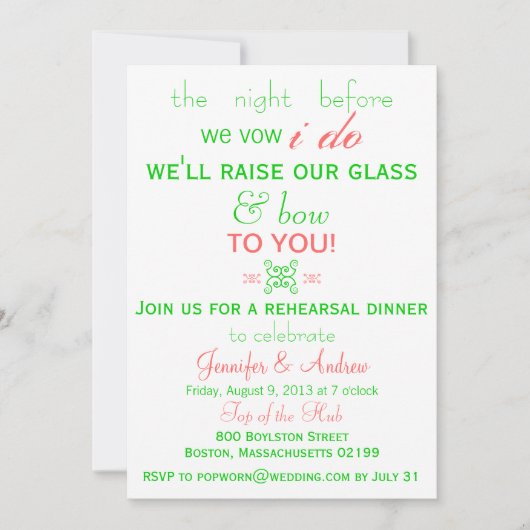 Fun, Fresh Rehearsal Dinner Invitation Mint Green Kaart (Voorkant)