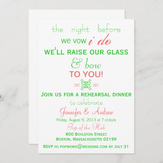 Fun, Fresh Rehearsal Dinner Invitation Mint Green Kaart (Voorkant / Achterkant)