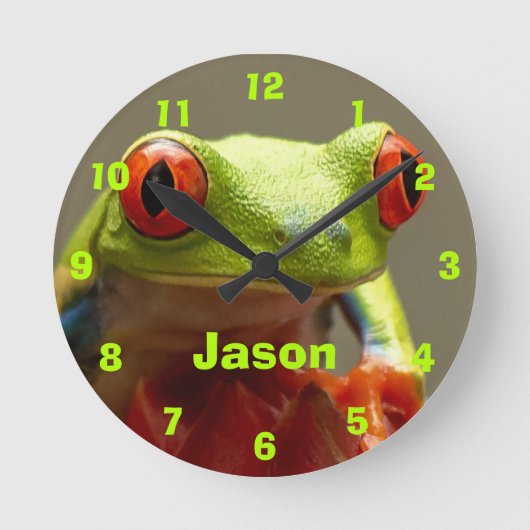 Fun Frog met Red Eyes Persoonlijke naam Ronde Klok (Voorkant)