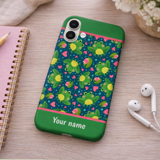 Fun Frog Pattern Custom Name New Beginnings iPhone 16 Plus Hoesje
