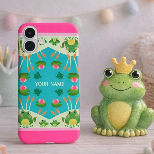 Fun Frog Pattern Pink Green Custom Name Case-Mate iPhone Case