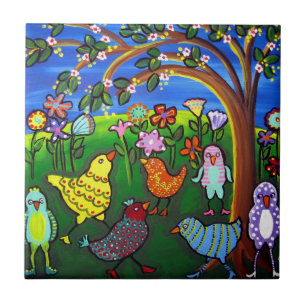 Fun Funky Colorful Birds Whimsical Folk Art Tile Tegeltje