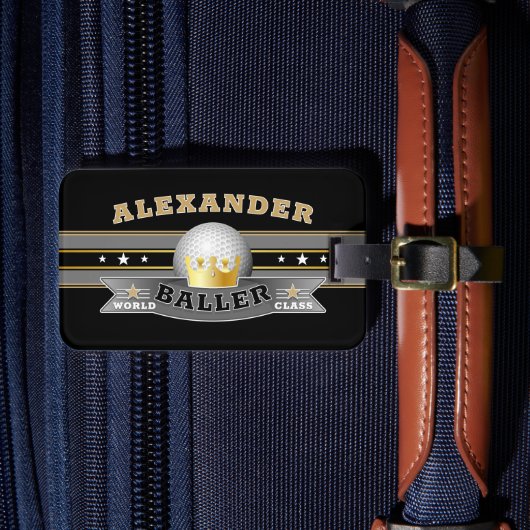 Fun Funny World Class Baller op zwart Bagagelabel (Voorkant Insitu 4)