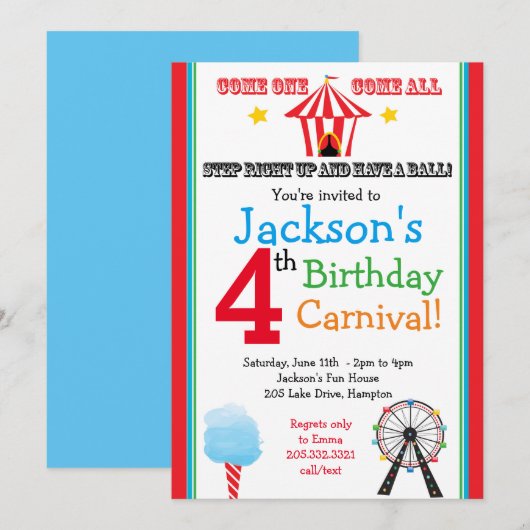 Fun & Games Carnival Party Invitation (primair) Kaart (Voorkant / Achterkant)