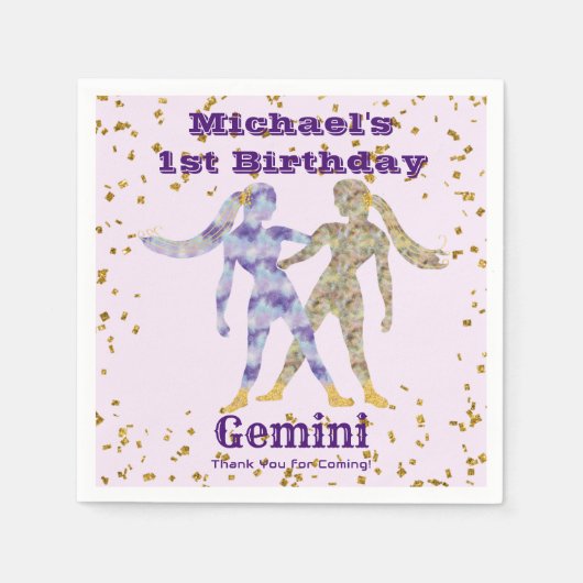 Fun Gemini First Birthday & Gold Confetti Servet (Voorkant)