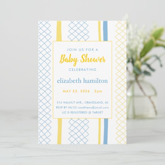 Fun Geometric Yellow & Blue Baby Shower Invitation Kaart (Staand voorkant)