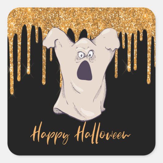 Fun Ghost Oranje Glitter Halloween Vierkante Sticker (Voorkant)