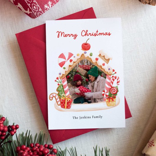 Fun Gingerbread House Kerstmis Foto Feestdagenkaart