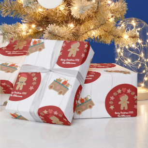 Fun Gingerbrood Cookie Script Name Rustic Wood Red Cadeaupapier