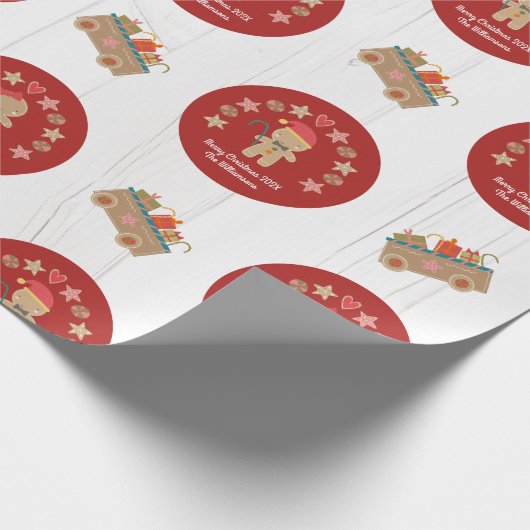 Fun Gingerbrood Cookie Script Name Rustic Wood Red Cadeaupapier (Hoek)