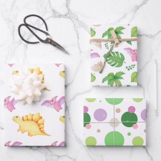 Fun Girl Party Dinosaur Stippen Lines Cute Kinder Inpakpapier Vel (Voorkant)