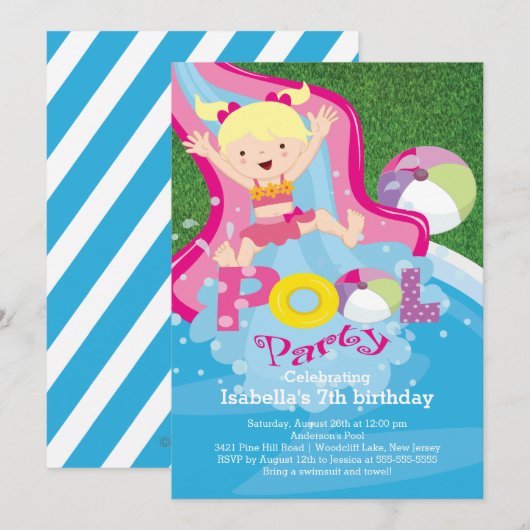 Fun Girl Pool Birthday Party Invitation Kaart (Voorkant / Achterkant)