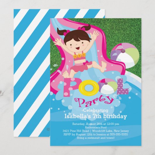 Fun Girl Pool Birthday Party Invitation Kaart (Voorkant / Achterkant)