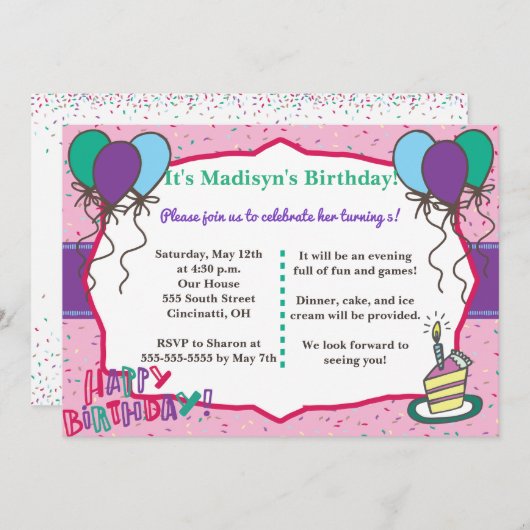 Fun Girly Birthday Uitnodiging (Voorkant / Achterkant)