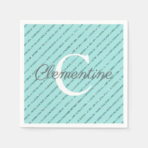 Fun Girly Blauwgroen Blue Glitter Stripes Monogram Servet