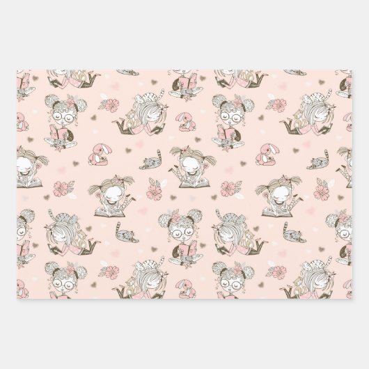 Fun Girly boekt roze zwarte leesFloral Inpakpapier Vel (Voorkant 2)