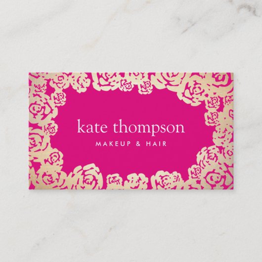 Fun Girly Gold Rozen Hot Pink Floral Beauty Visitekaartje (Voorkant)