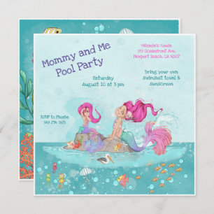 Fun Girly Pink Hair Mermaid Mam & Me Pool Party Kaart