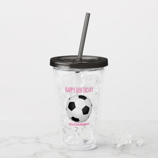 Fun Girly Voetbal Custom Pink Birthday Party Acryl Drinkbeker (Achterkant ijs)