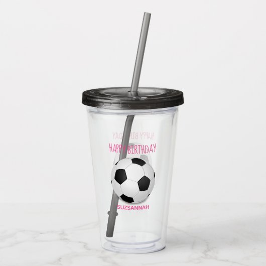 Fun Girly Voetbal Custom Pink Birthday Party Acryl Drinkbeker (Achterkant)