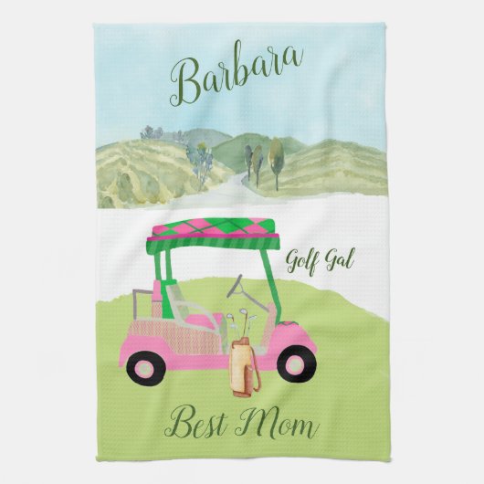 Fun Glam Golf Cart Schilderachtig Naam beste moede Theedoek (Verticaal)